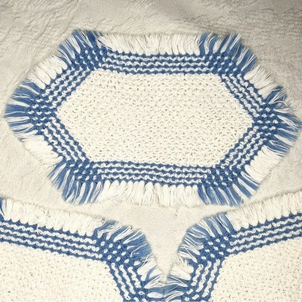 Vintage Woven Fringe Hot Pads Set of Three White and Blue Yarn Potholders Trivet